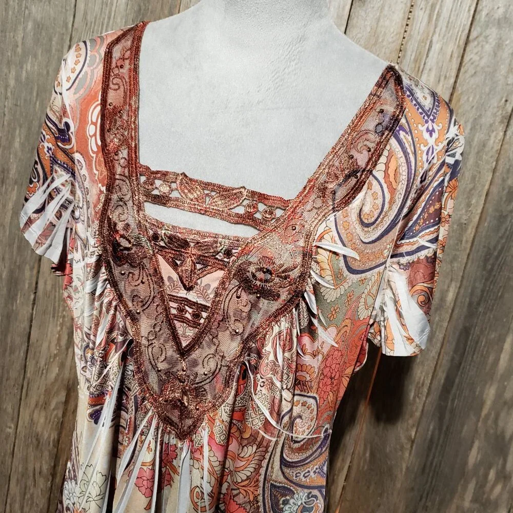 Apt 9 Dress 1X XL Tan Orange Paisley Boho Indie Earthy Cottage Fairy Grunge Y2K - Picture 3 of 7